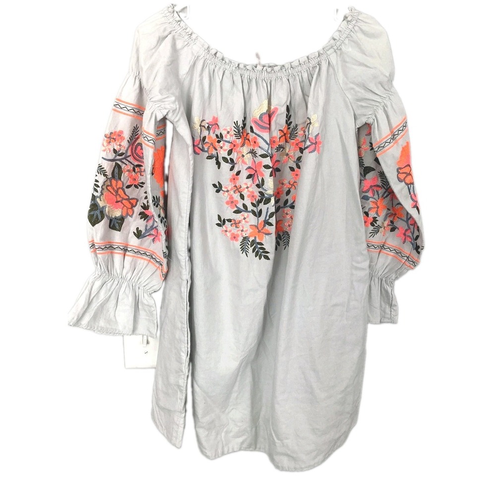 Free People Tunic Dress Women S Gray Floral Embroidered Off Shoulder Boho Tunic